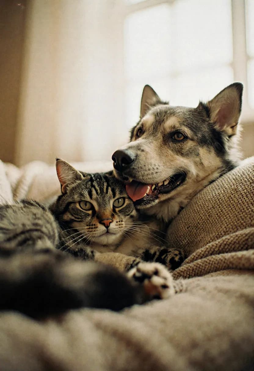Un perro y un gato descansando juntos