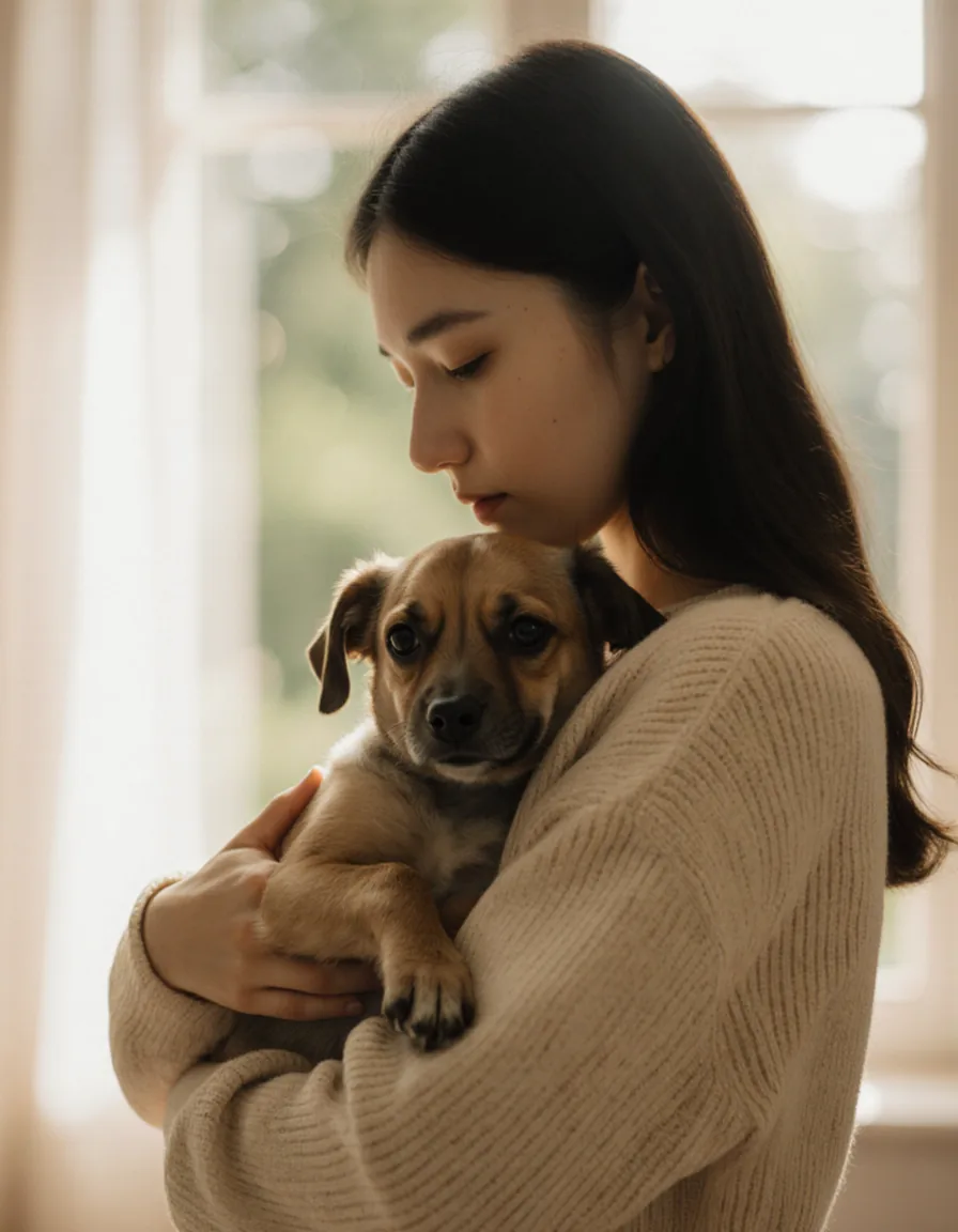 Tutora abrazando a su perro, credencial firmada por veterinario