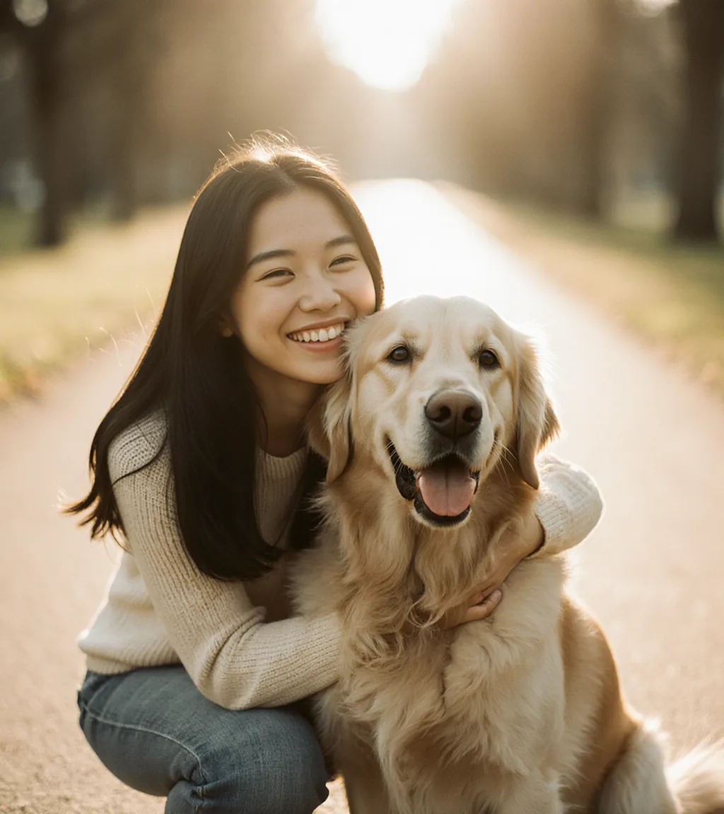 Tutora abrazando a su perro bajo la luz cálida de la tarde
