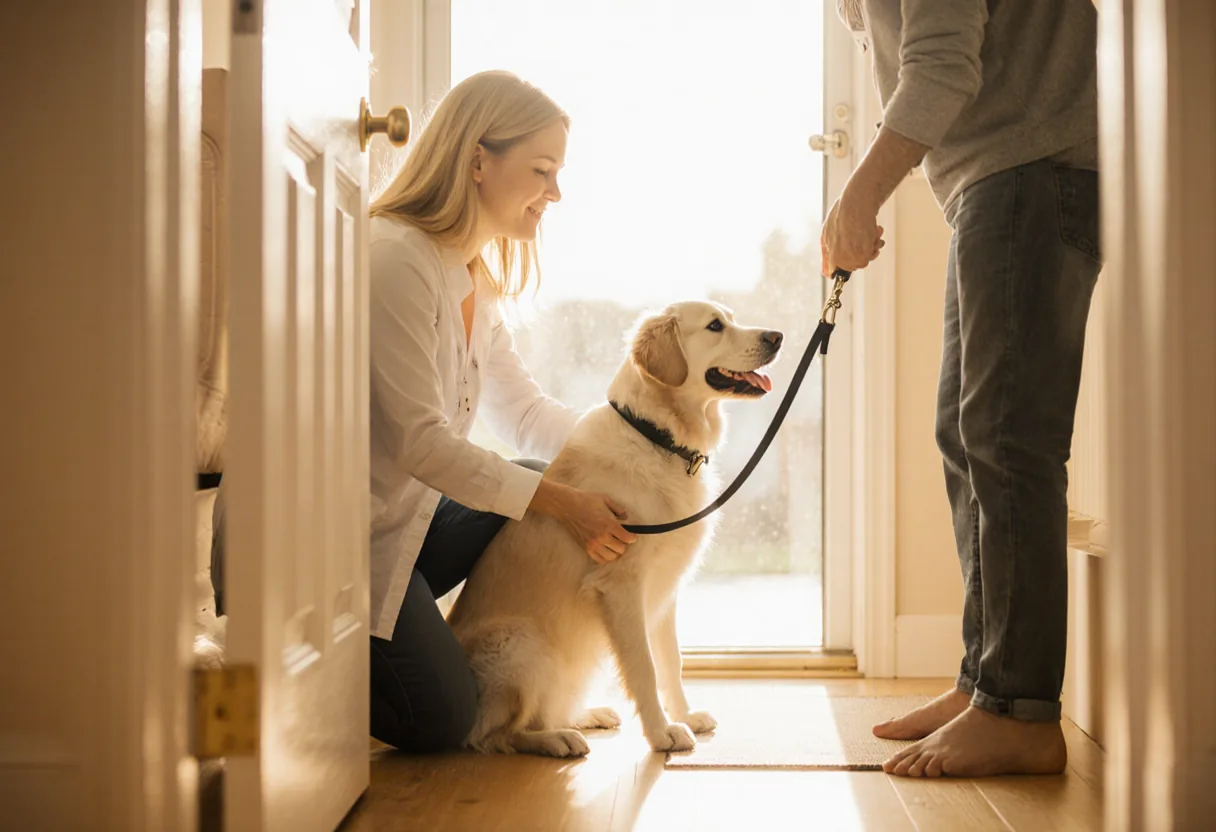 Cuidador recibiendo a un perro en la puerta